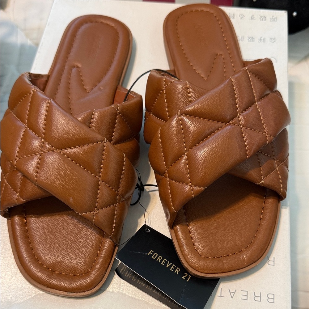 Forever 21 Quilted Cross-Band Slide Sandals - Cognac
